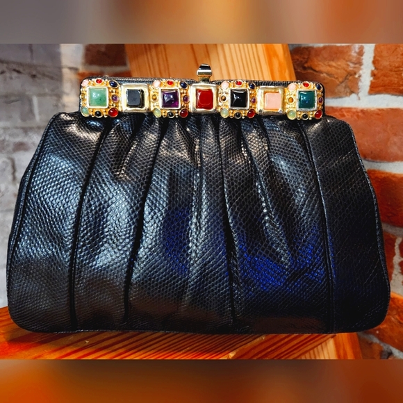 Vintage Judith Lieber Gem Stone Embellished Snakeskin Crossbody Clutch - Picture 1 of 16